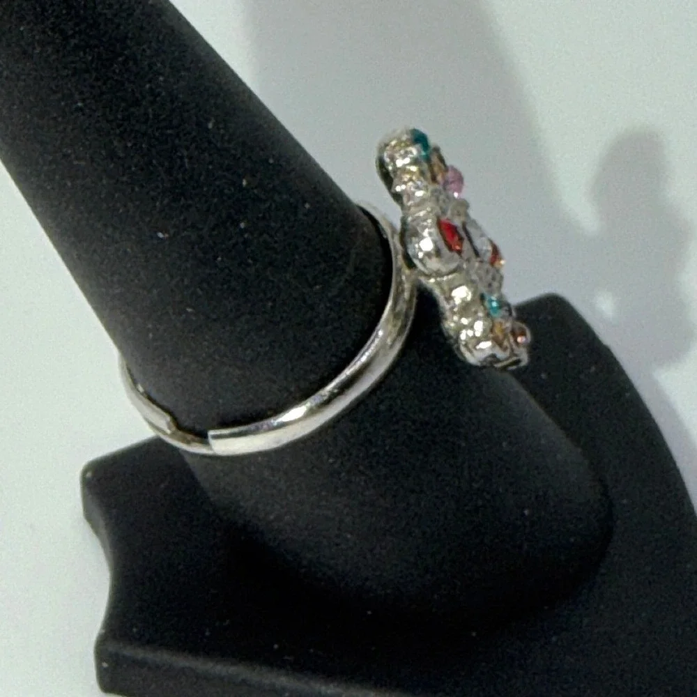 Silver Tone Multicolor Rhinestone Cluster Ring Adjustable‎ Size 8–8.25